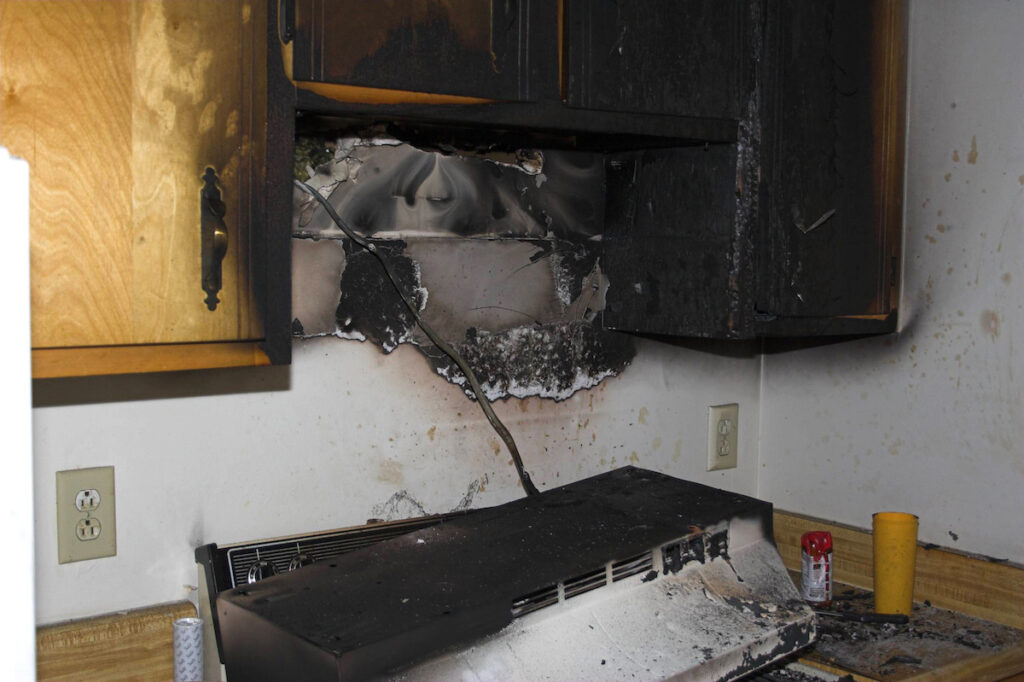 Kitchen destroyed by fire.